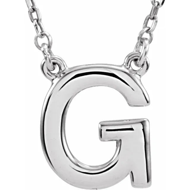 Uppercase Block Letter G Initial Pendant Necklace 16" Solid 14K White Gold or Sterling Silver