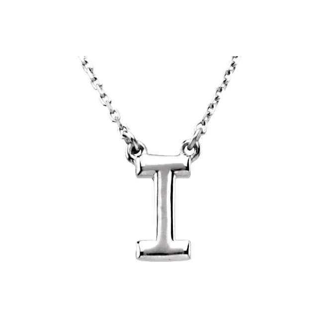 Uppercase Block Letter I Initial Pendant Necklace 16" Solid 14K White Gold or Sterling Silver