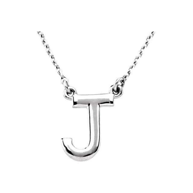 Uppercase Block Letter J Initial Pendant Necklace 16" Solid 14K White Gold or Sterling Silver