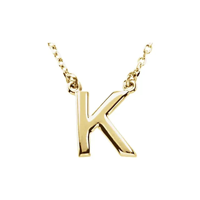 Uppercase Block Letter K Initial Pendant Necklace 16" Solid 14K Yellow Gold 