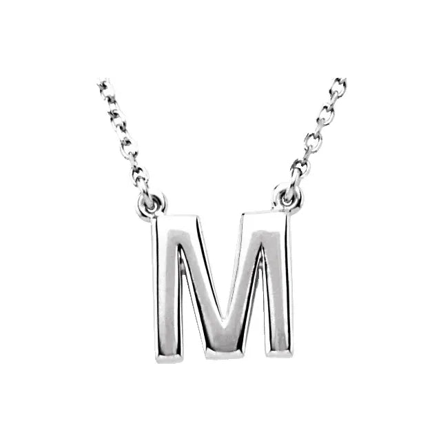 Uppercase Block Letter M Initial Pendant Necklace 16" Solid 14K White Gold or Sterling Silver