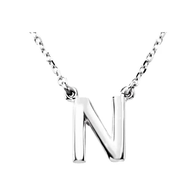 Uppercase Block Letter Initial N Pendant Necklace 16" Solid 14K White Gold or Sterling Silver