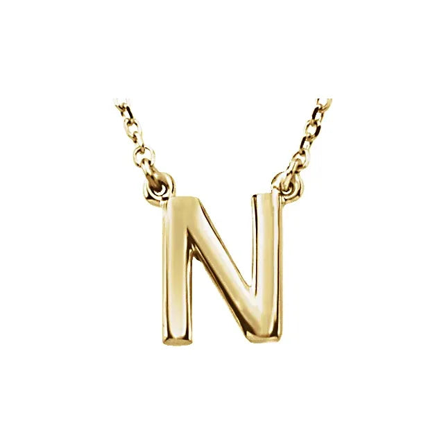 Uppercase Block Letter N Initial Pendant Necklace 16" Solid 14K Yellow Gold 