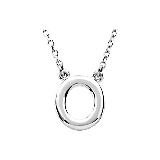 Uppercase Block Letter O Initial Pendant Necklace 16" Solid 14K White Gold or Sterling Silver