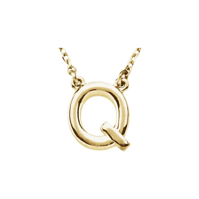 Uppercase Block Letter Q Initial Pendant Necklace 16" Solid 14K Yellow Gold 