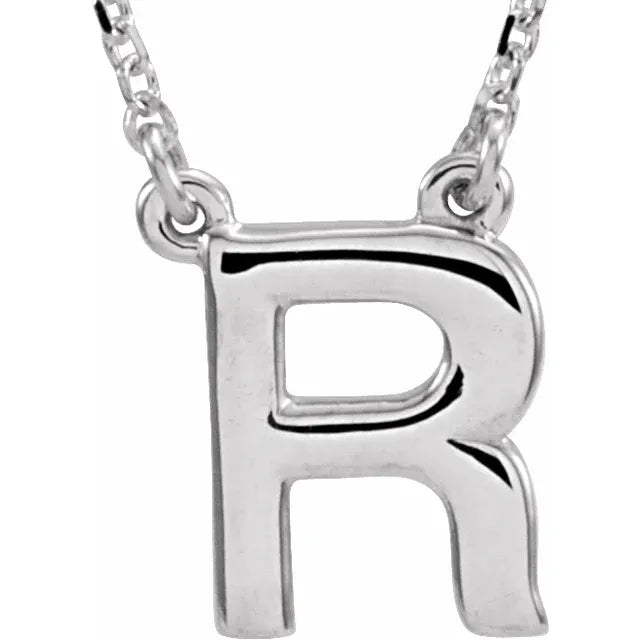 Uppercase Block Letter R Initial Pendant Necklace 16" Solid 14K White Gold or Sterling Silver