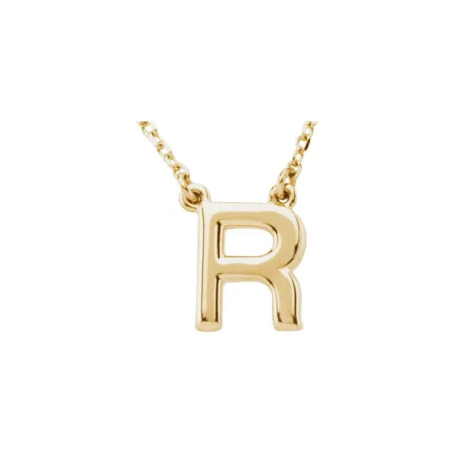 Uppercase Block Letter R Initial Pendant Necklace 16" Solid 14K Yellow Gold 