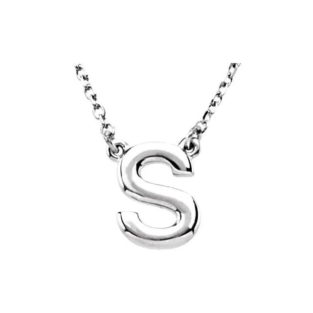 Uppercase Block Letter S Initial Pendant Necklace 16" Solid 14K White Gold or Sterling Silver