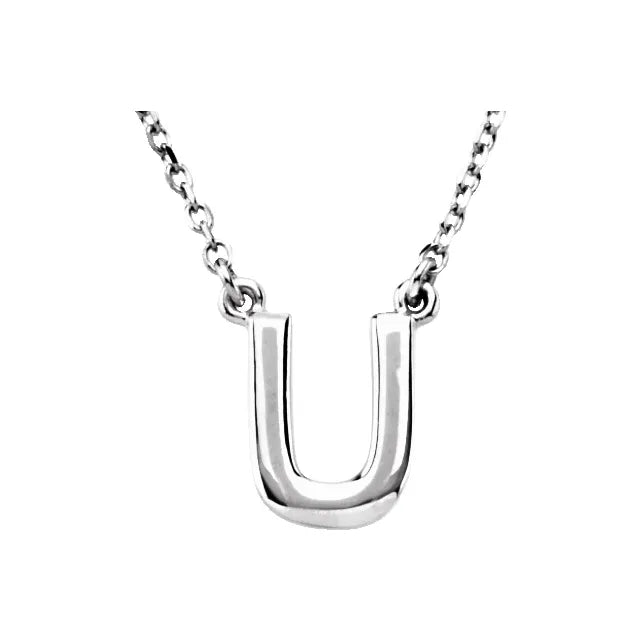 Uppercase Block Letter U Initial Pendant Necklace 16" Solid 14K White Gold or Sterling Silver