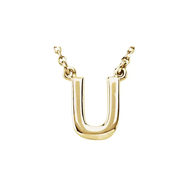 Uppercase Block Letter U Initial Pendant Necklace 16" Solid 14K Yellow Gold 