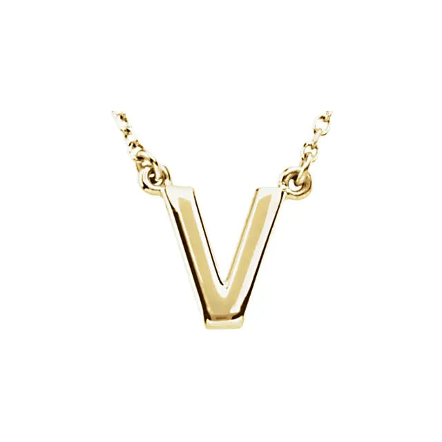 Uppercase Block Letter V Initial Pendant Necklace 16" Solid 14K Yellow Gold 