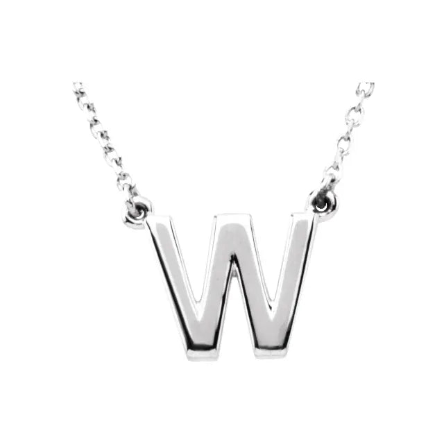 Uppercase Block Letter W Initial Pendant Necklace 16" Solid 14K White Gold or Sterling Silver