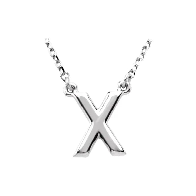 Uppercase Block Letter X Initial Pendant Necklace 16" Solid 14K White Gold or Sterling Silver