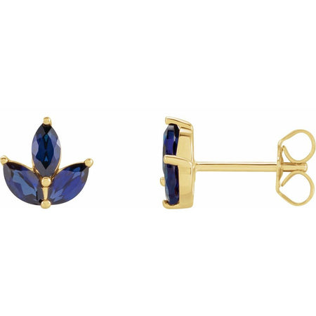 Natural blue sapphire three stone cluster stud earrings yellow 14k gold