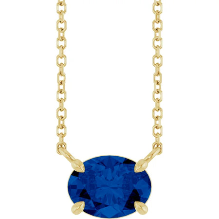 Lab-Grown Blue Sapphire Oval Solitaire Pendant Necklace Solid 14K Yellow Gold