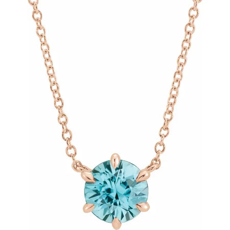Blue Zircon December Birthstone Solitaire Necklace Solid 14K Rose Gold 