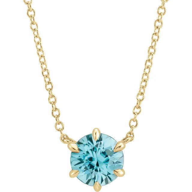 Blue Zircon December Birthstone Solitaire Necklace Solid 14K Yellow Gold 