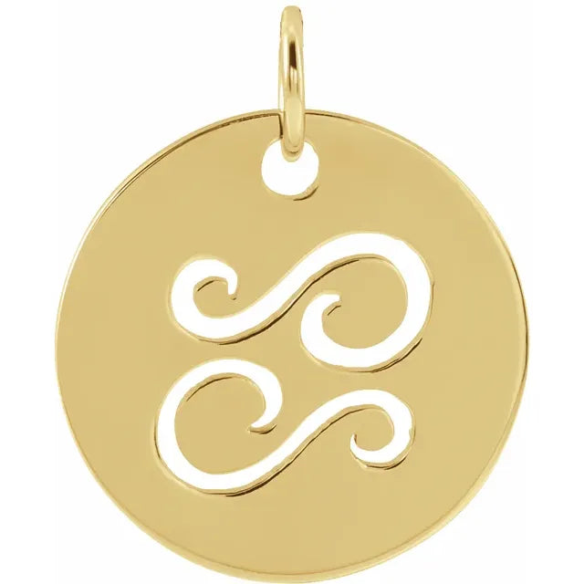 Cancer Zodiac Sign Disc Charm Pendant Solid Yellow Gold