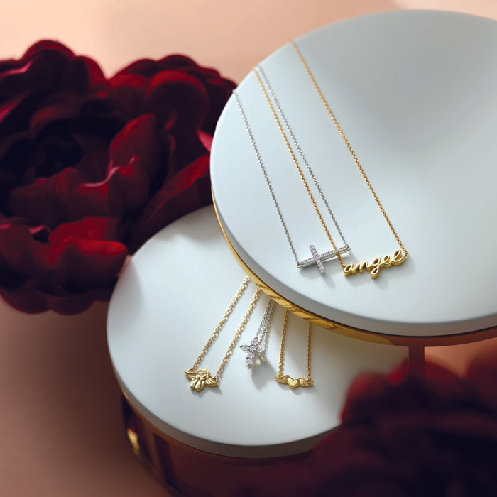 Symbolic Religious Necklaces Solid 14K Gold Cherub Angel Diamond Cross