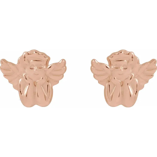 Cherub Angel Stud Earrings Solid 14K Rose Gold