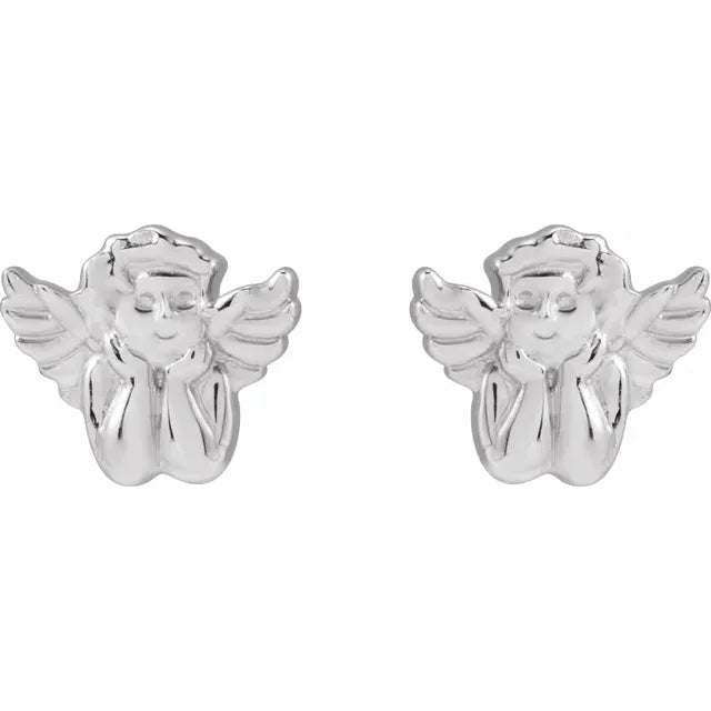 Cherub Angel Stud Earrings Solid 14K White Gold