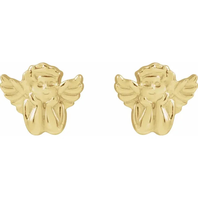 Cherub Angel Stud Earrings Solid 14K Yellow Gold