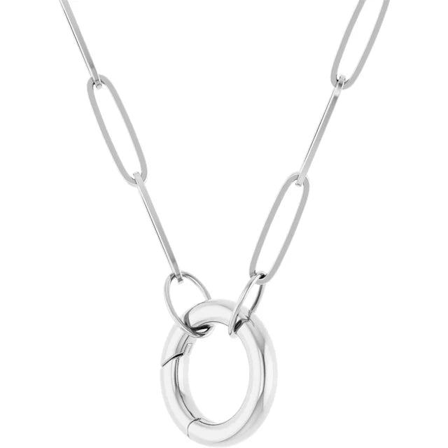 Paperclip Chain Charm Necklace 16" or 18" Circle Charm Bail Solid 14K White Gold