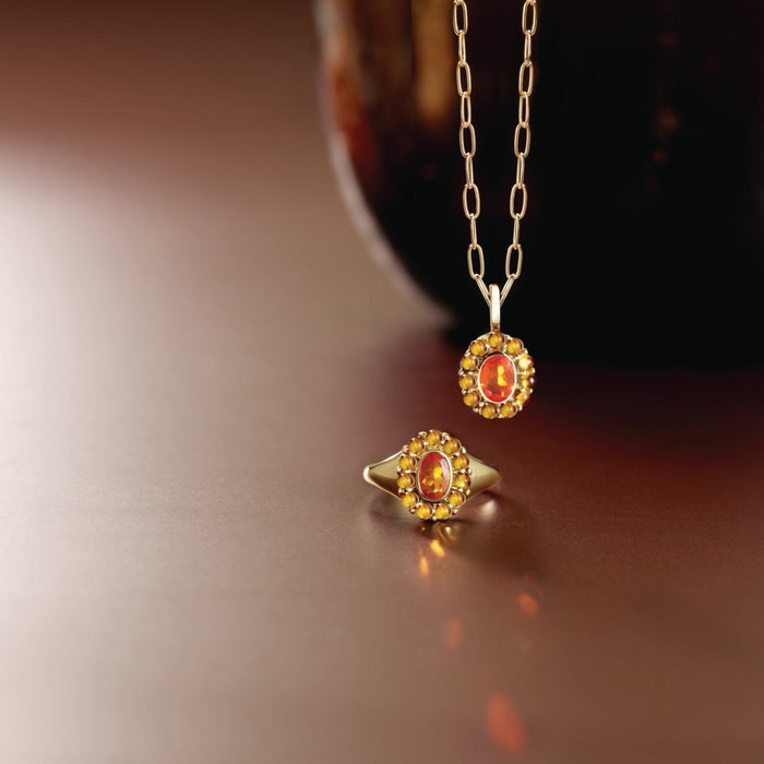 Mexican Fire Opal & Citrine Halo Style Pendant Necklace & Matching Ring