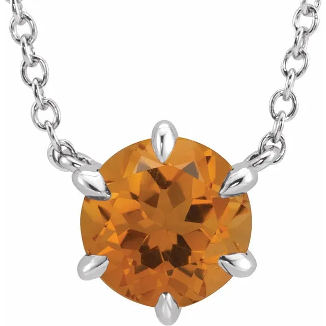 Citrine 5 MM Solitaire 18" Necklace Solid 14K White Gold 