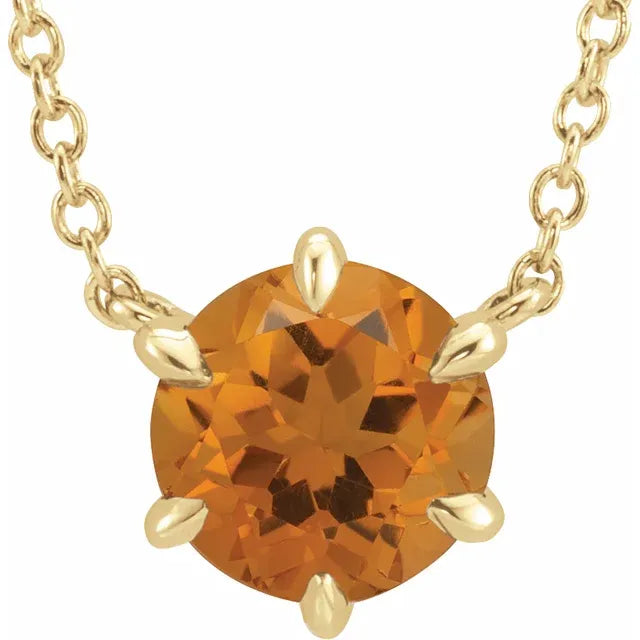 Citrine 5 MM Solitaire 18" Necklace Solid 14K Yellow Gold 