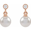Cultured Akoya Pearl Bezel Diamond Drop Dangle Earrings Solid 14K Rose Gold