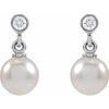 Cultured Akoya Pearl Bezel Diamond Drop Dangle Earrings Solid 14K White Gold