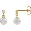 Cultured Akoya Pearl Bezel Diamond Drop Dangle Earrings Solid 14K Yellow Gold