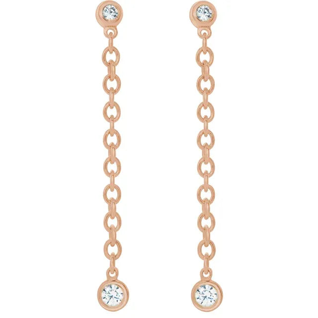 Diamond Bezel-Set Dangle Drop Chain Earrings Solid 14K Rose Gold 