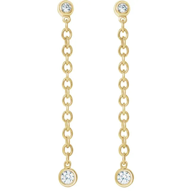 Diamond Bezel-Set Dangle Drop Chain Earrings Solid 14K Yellow Gold 