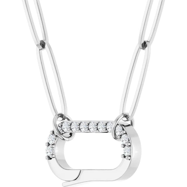 Diamond Bail Charm Necklace 16" Paperclip Style Chain Solid 14K White Gold 