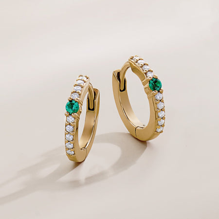 Lab Grown Emerald & Diamond Hinged Hoop Earrings Solid 14K Yellow Gold