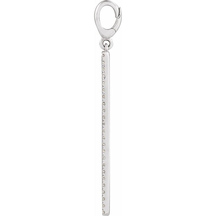 Engravable white gold diamond vertical bar charmpendant on a white background