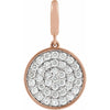 Rose gold charm pendant with diamond pave design on a white background