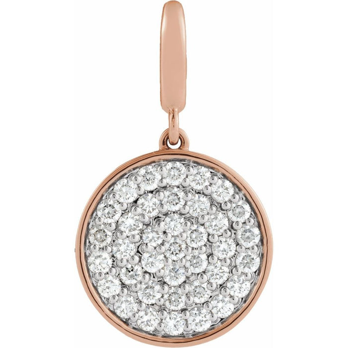 Rose gold charm pendant with diamond pave design on a white background