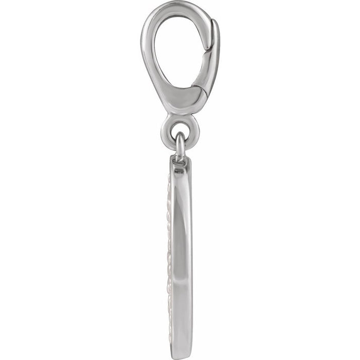 White gold diamond charm pendant with a clasp on a white background