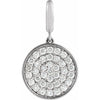White gold charm pendant with circular design and embedded diamonds on a white background