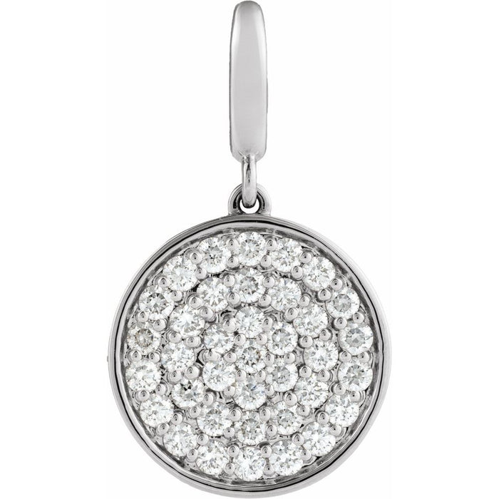 White gold charm pendant with circular design and embedded diamonds on a white background