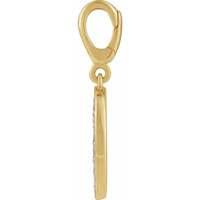 Gold diamond charm pendant with a clasp on a white background