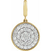 Gold charm pendant with a circular design of small diamonds on a white background