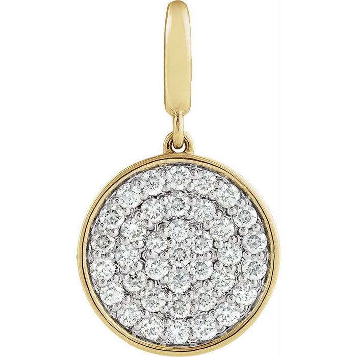 Gold charm pendant with a circular design of small diamonds on a white background