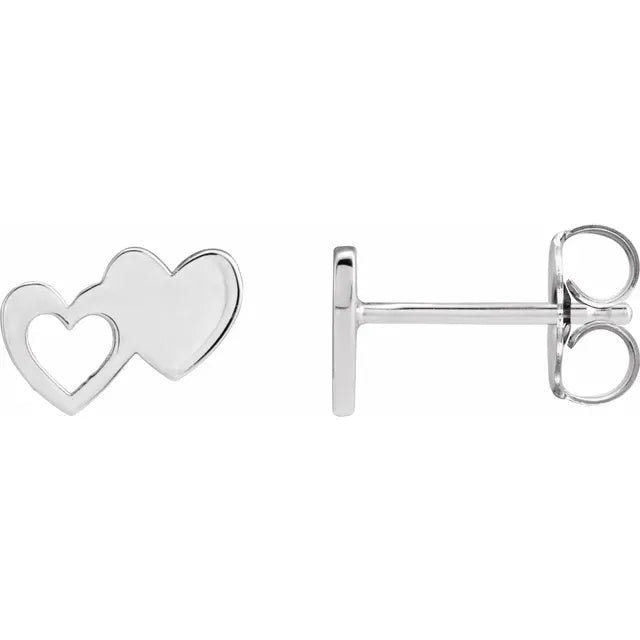 Double Heart Stud Earrings Solid 14K White Gold Valentines Day Gifts
