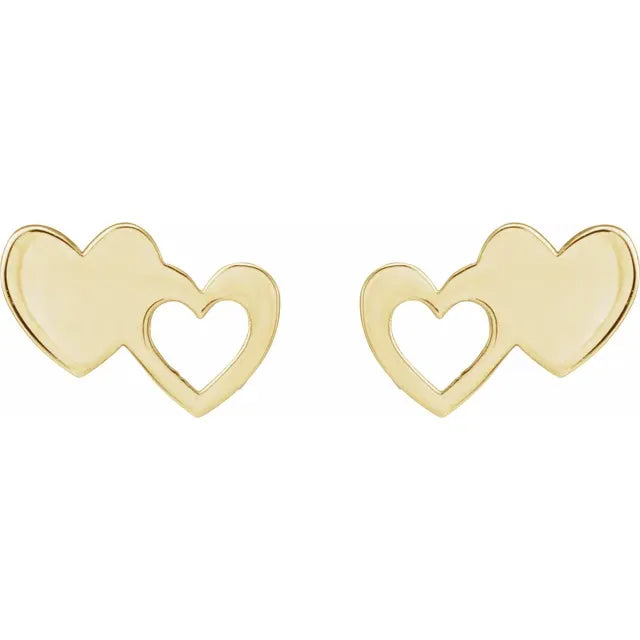 Double Heart Stud Earrings Solid 14K Yellow Gold Valentines Day Gifts