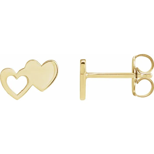 Double Heart Stud Earrings Solid 14K Yellow Gold Valentines Day Gifts
