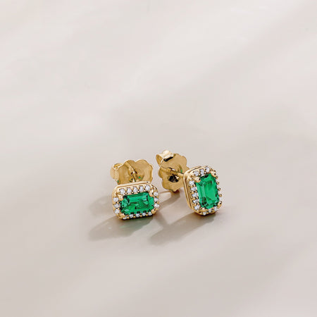 Emerald & Diamond Halo Style Stud Earrings Solid 14K Yellow Gold Close-up